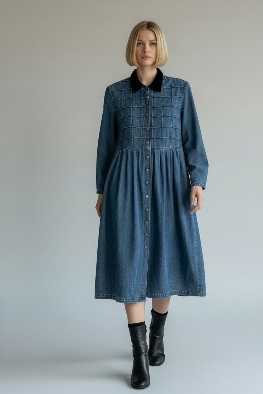 Vintage 90s Karen Stevens Midi Denim Velvet Collar shirt Dress back tie 6 Petite